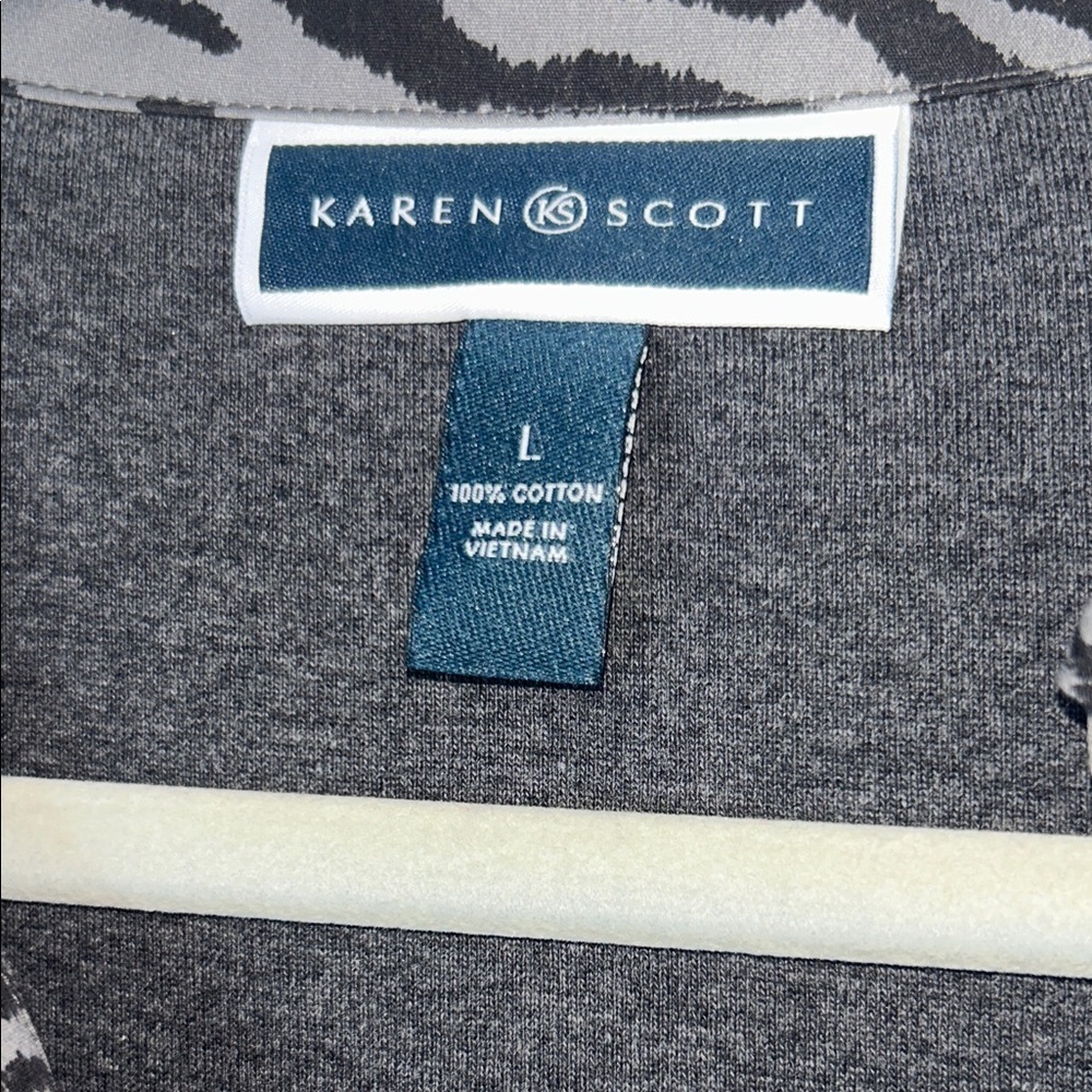Karen Scott Charcoal Gray Long Sleeve Polo with Zebra Trim Sz Large 100% cotton - Picture 3 of 8